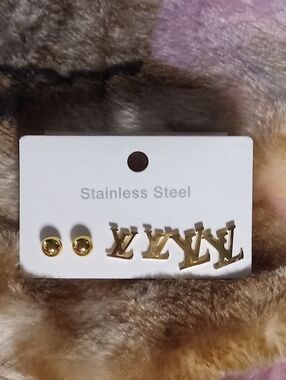 Gold Tone Stainless Steel Fashion Stud Earring Set - 3 Pairs